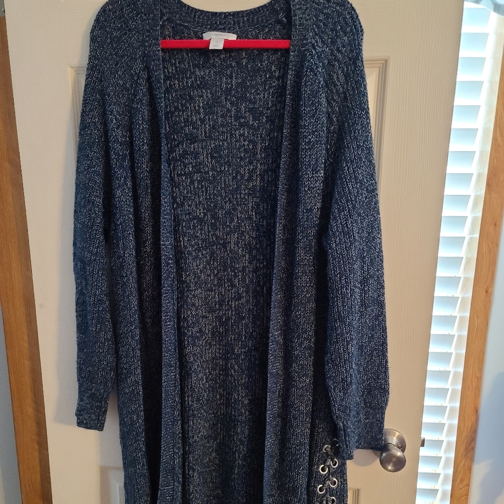 CJ Banks 2X Navy Denim Blue White Marbeled Sweater Cardigan 36" Long Cozy Warm